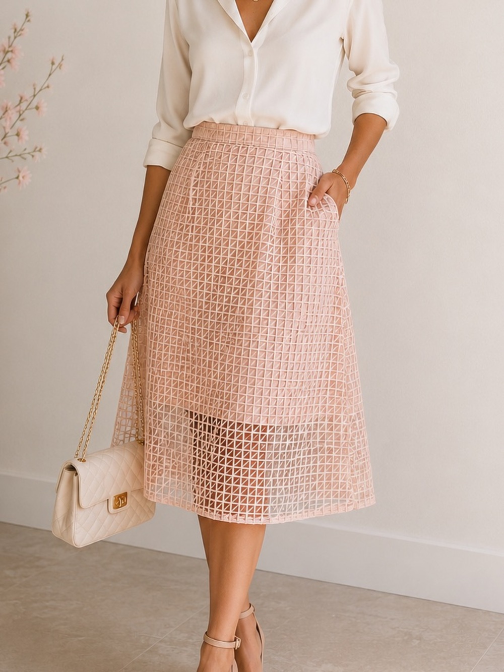 Tahari Arthur S. Levine Blush Pink Embroidered Mesh Overlay Pencil Midi Skirt 6